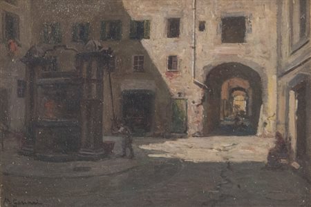 M. Garinei "Piazza della fonta del ghetto (vecchio centro)". Olio su tavola....