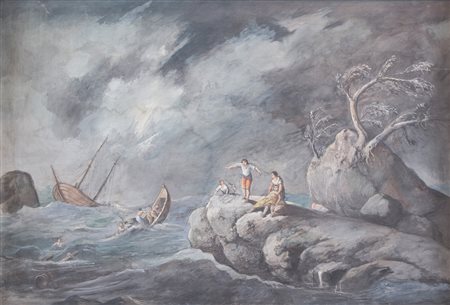 Maestro del XIX secolo. "Marina in tempesta". Olio su tela. Cm 65,5x94,5.