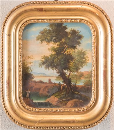 Pittore anonimo del XIX secolo "Paesaggio". Olio su tavola. Cm 20x15.