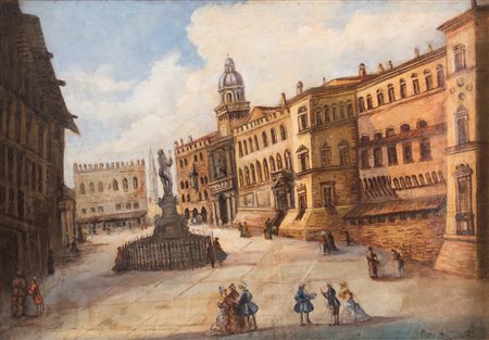 Pittore del XX secolo. "Piazza del Nettuno, Bologna". Olio su tela. Cm...