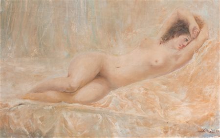 Pittore del XX secolo. "Grande nudo disteso", 1942. Olio su tavola. Opera...