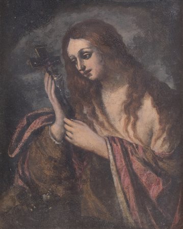 Maestro del XVII secolo. "Maddalena penitente". Olio su tela. Cm 63x50,5.