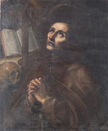 Meastro lombardo del XVII secolo "Santo in preghiera". Olio su tela. Cm...