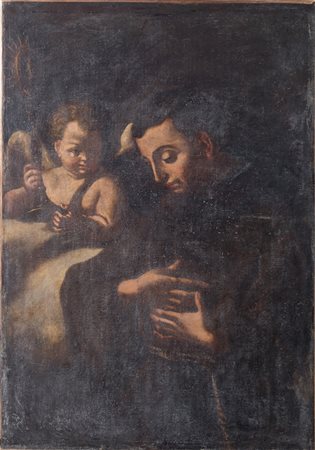 Maestro del XVIII secolo “Frate francescano in preghiera con angelo”. Olio su...