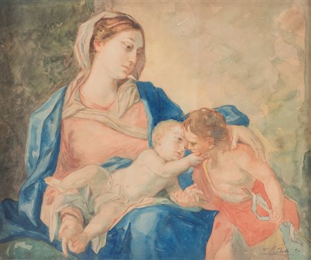 Pittore anonimo del XIX secolo. "Madonna, Gesù e San Giovannino", Acquerello...