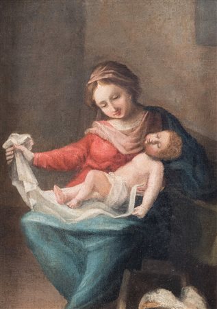 Maestro del XVII secolo. "Madonna con Bambino". Olio su tela. Cm 48x36.