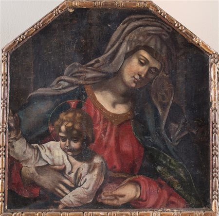 Maestro del XVII secolo. "Madonna con bambino ". Olio su tela applicata su...