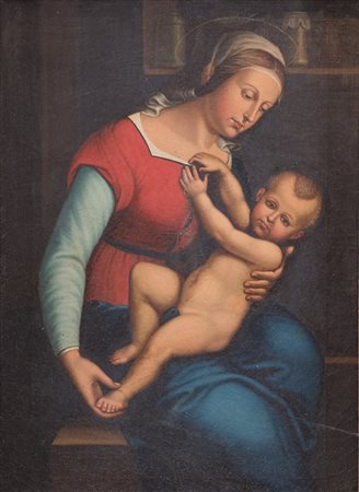 Maestro del XVII secolo. "Madonna con bambino". Olio su tela. Cm 69x51,5....