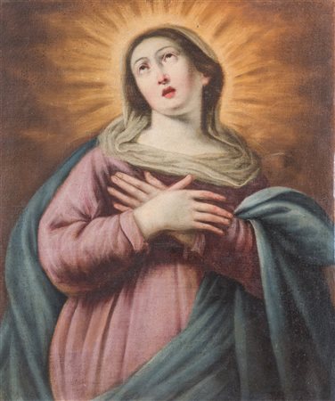 Maestro del XVII secolo. "Madonna in estasi". Olio su tela. Cm 75,5x63,5.