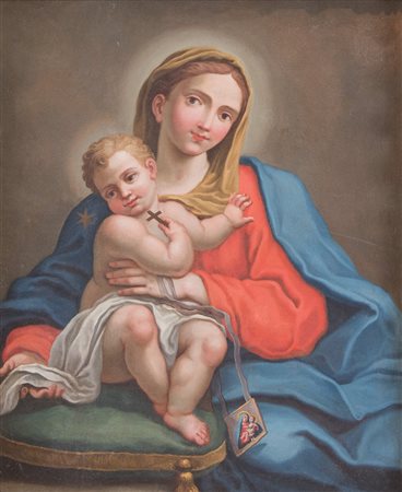 Maestro del XVIII secolo. "Madonna con Bambino". Olio su tela. Cm 74x62.