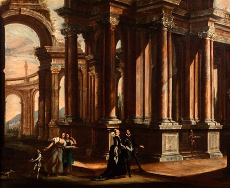 Scuola bolognese, prima metà del secolo XVII - La passeggiata (Coppia galante entro un capriccio architettonico)