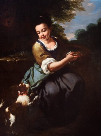 Antonio Mercurio Amorosi (Comunanza 1660-Roma 1738)  - Giovane donna con cagnolino presso un fontanile in un paesaggio