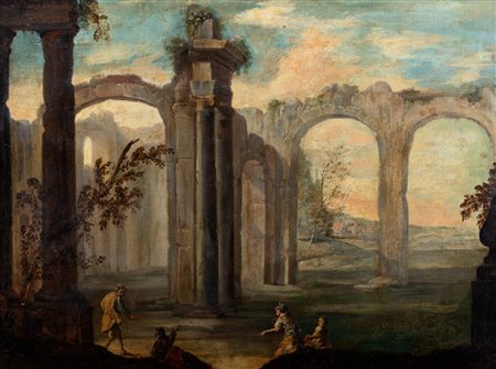 Scuola napoletana, secolo XVII - Capriccio con architetture classiche e astanti