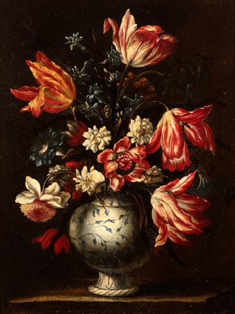 Scuola dell'Italia centrale, secolo XVII - Tulipani, anemoni  e altri fiori in un vaso di porcellana