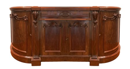 Credenza bassa in legno di mogano con interni foderati, cassetto centrale superiore più due sportelli angolari e due cen