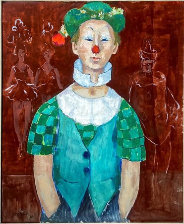 Max Dissar (1908-1993), dipinto ad olio su tela “Clown Zani”, firmato in basso a sinistra e sul retro Max Dissar e datat