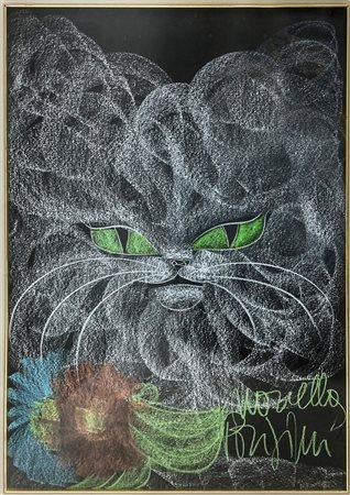 Novella Parigini (Chiusi, 1921 - Roma, 1993), dipinto a pastello raffigurante gatto con fiori, firmato in basso a destra