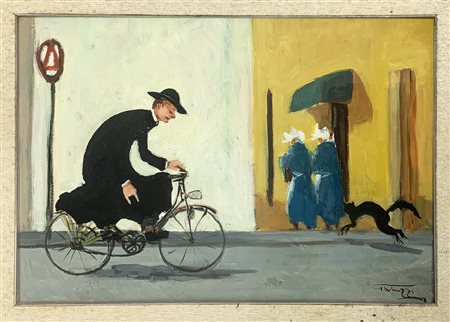 Dipinto ad olio su tela raffigurante prete in bicicletta, firmato Luciano Gaiozzi (1934-1996). Cm 35x50. In cornice cm 5