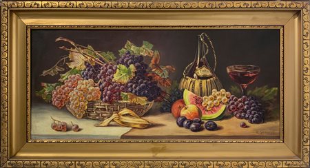 Dipinto ad olio su tela raffigurante natura morta di frutta, inizi XX secolo. Firmato in basso a destra C. Schulze. Cm 4