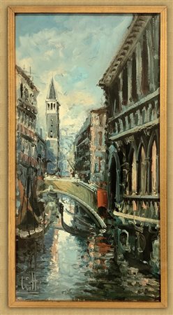 Dipinto ad olio su tela raffigurante canale di Venezia. Firmato in basso a sinistra Liatti.. Cm 60x30, in cornice cm 80x