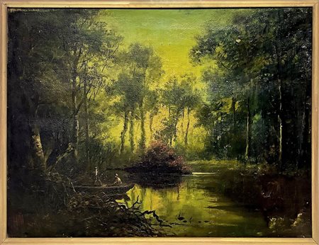 Dipinto ad olio su tela raffigurante fiume con alberi e barca, XIX secolo. Cm 31 x41