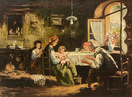 Dipinto ad olio su tela raffigurante scena d'interno con famiglia, firmato in basso a destra Cecconi. Cm 60x79, in corni