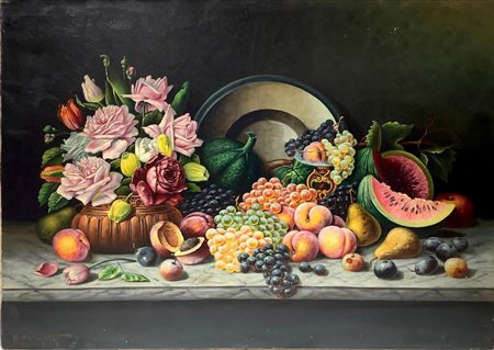 Dipinto ad olio su tela raffigurante natura morta di fiori e frutta, fine XIX secolo. Firmato in basso a sinistra H. Ner