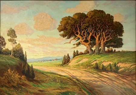 Dipinto ad olio su tela raffigurante paesaggio con strada di campagna, firmato in basso al centro K. Burk. Inizi XX seco