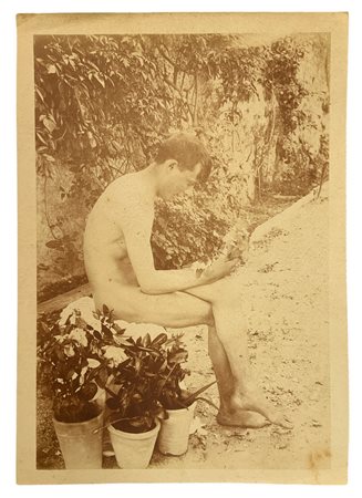 Gaetano D'Agata (1883-1949), stampa su carta albuminata raffigurante nudo di ragazzo seduto con fiori alla mano. Cm 23,7