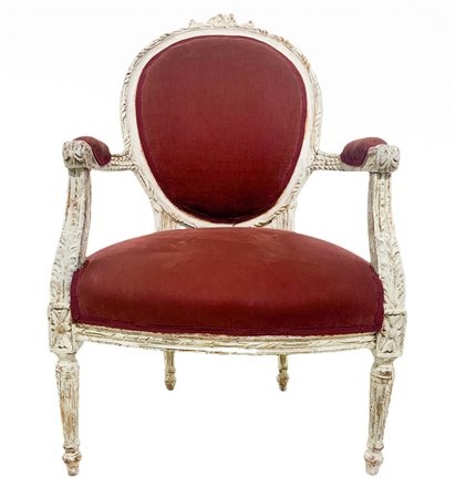 Poltrona shabby chic laccata bianca, Tessuto bordeaux. H cm 98x62