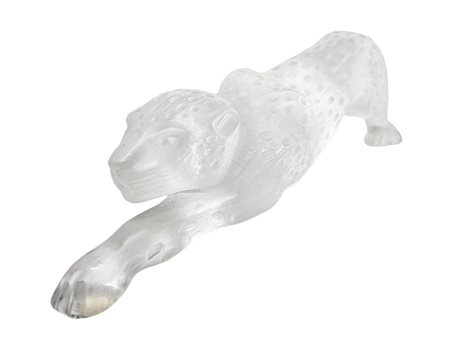 Lalique, scultura in vetro trasparente raffigurante pantera, con superficie  acidata, anni '80. Firma incisa.