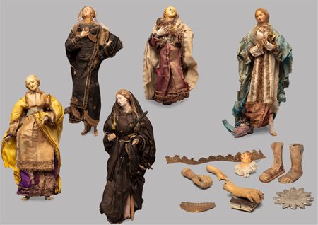 Lotto di sei sculture da presepe in terracotta e legno, Napoli secolo XIX