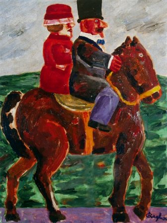 BORGHESE FRANZ (Roma 1941 - Roma 2005) "Passeggiata a cavallo" Olio su tela...