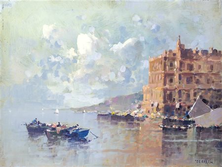 Nicolas De Corsi "Napoli, Posillipo con Palazzo Donn' Anna" olio su tela (cm 38