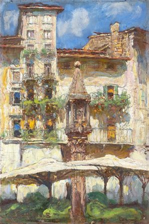 Angelo Dall'Oca Bianca "Casette di Piazza Erbe" 
olio su tavola (cm 28x19)
Firma