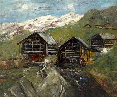 Ermenegildo Agazzi "Baite sopra Gressoney" 
olio su compensato (cm 49x60)
Firmat