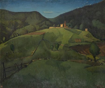 Luigi Zago "Chiesetta sul colle" 
olio su compensato (cm 100x120)
Firmato in bas