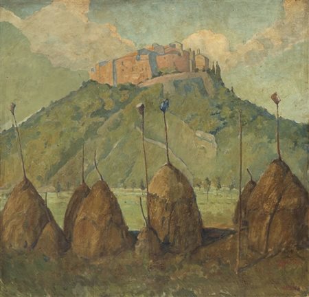 Luigi Zago "La rocca sul colle" 
olio su compensato (cm 90x95)
Firmato in basso