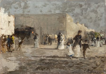 Mosè Bianchi "Piazza di Milano con passanti" 
olio su tavola (cm 30x43)
Firmato