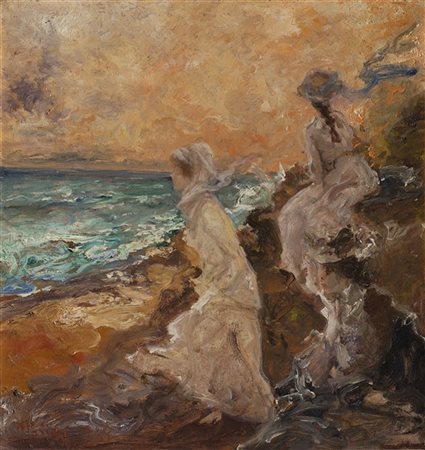 Pompeo Mariani "Signore sulla spiaggia" 1908
olio su cartone (cm 50x48)
Firmato