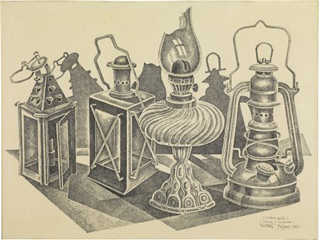 Fortunato Depero, Natura morta, lucerne e lanterne, 1943