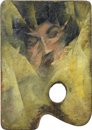Roberto Marcello (Iras) Baldessari, Cassetta di colori con «Volto di donna (Dafne)» sulla tavolozza e con «Dinamismo di case» all'interno del coperchio, 1915 ca. (coperchio); 1916 ca. (tavolozza)