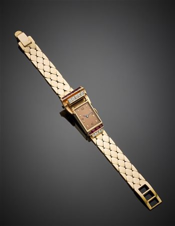 Orologio da polso da donna in oro giallo 585/1000 rifinito con rubini sintetici