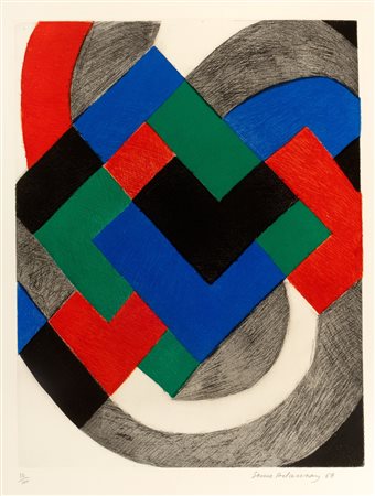 Sonia Delaunay (Hradyz'k 1885-Parigi 1979)  - Gravure II - Composition rouge, vert, bleu, et noir, 1968