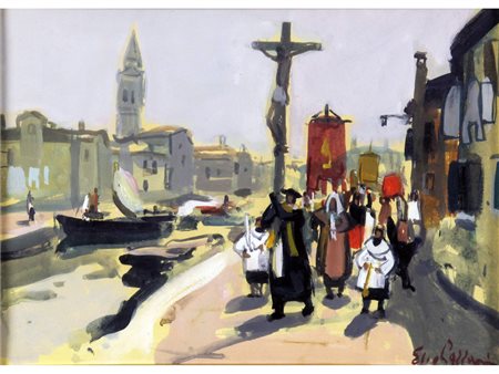 Elio Lazzari (Venezia 1942) Processione Tempera e olio su cartoncino Firmato...