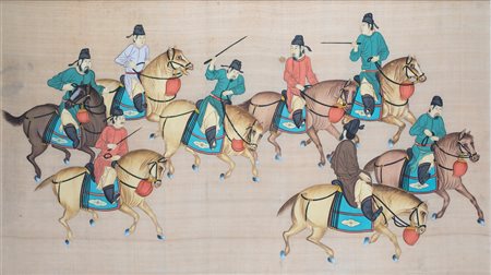 Dipinto su seta, Cina, XX secolo raffigurante guerrieri a cavallo, 98x167