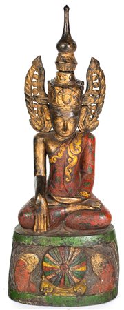 Buddha Bhumisparsha in legno policromo e dorato, Bali, Indonesia, XX secolo...