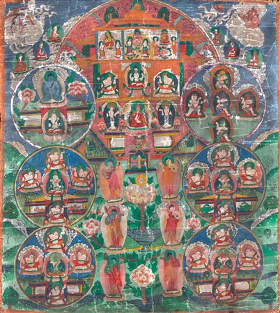 Thangka tibetano, XIX secolo realizzato a mano in vivace policromia su tela...