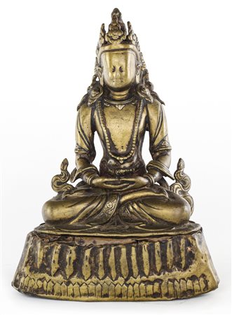 Piccola figura di Buddha in bronzo, Nepal, XVIII secolo ritratto seduto nel...