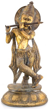 Krishna in bronzo dorato, India, fine XIX secolo raffigurato come suonatore...